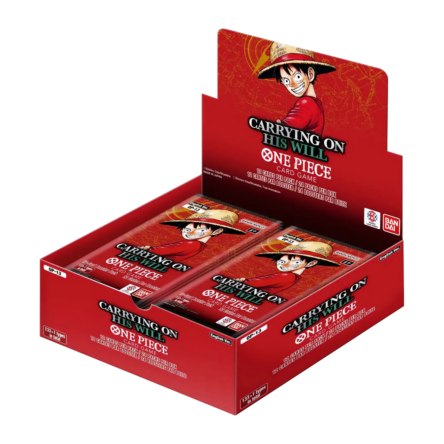 One piece op 13 booster box Red packaging of 'One Piece' card game with character illustration on a white background