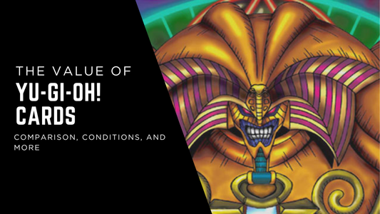 the value of yugioh cards blog header with text detailing what is in the blog and exodia from the game on the right hand-side