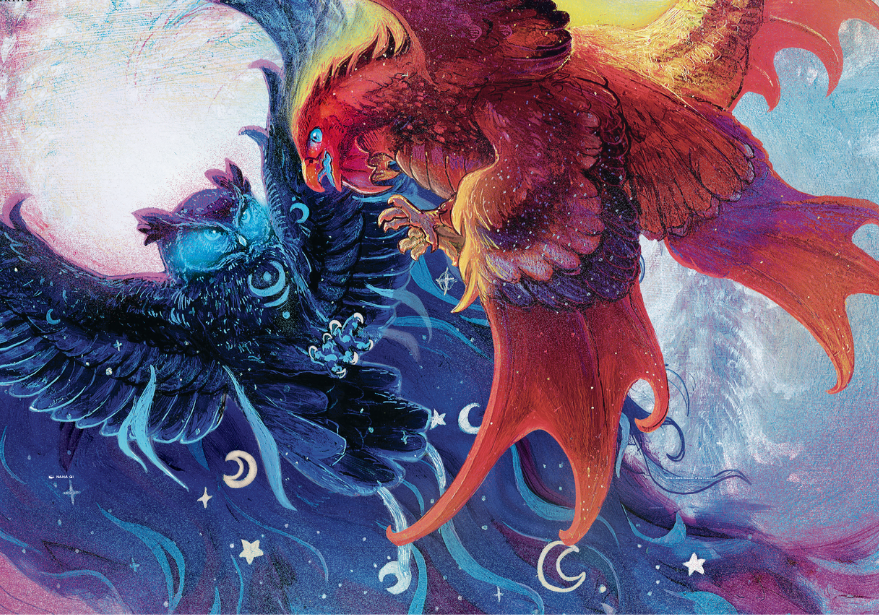 magic the gathering bloomburrow official art with owl and bird fighting eachother
