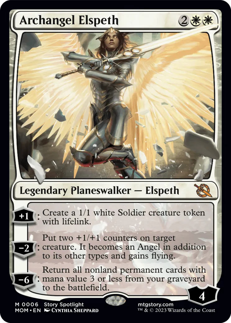 Magic the Gathering Card featuring Archangel Elspeth with detailed artwork and text.