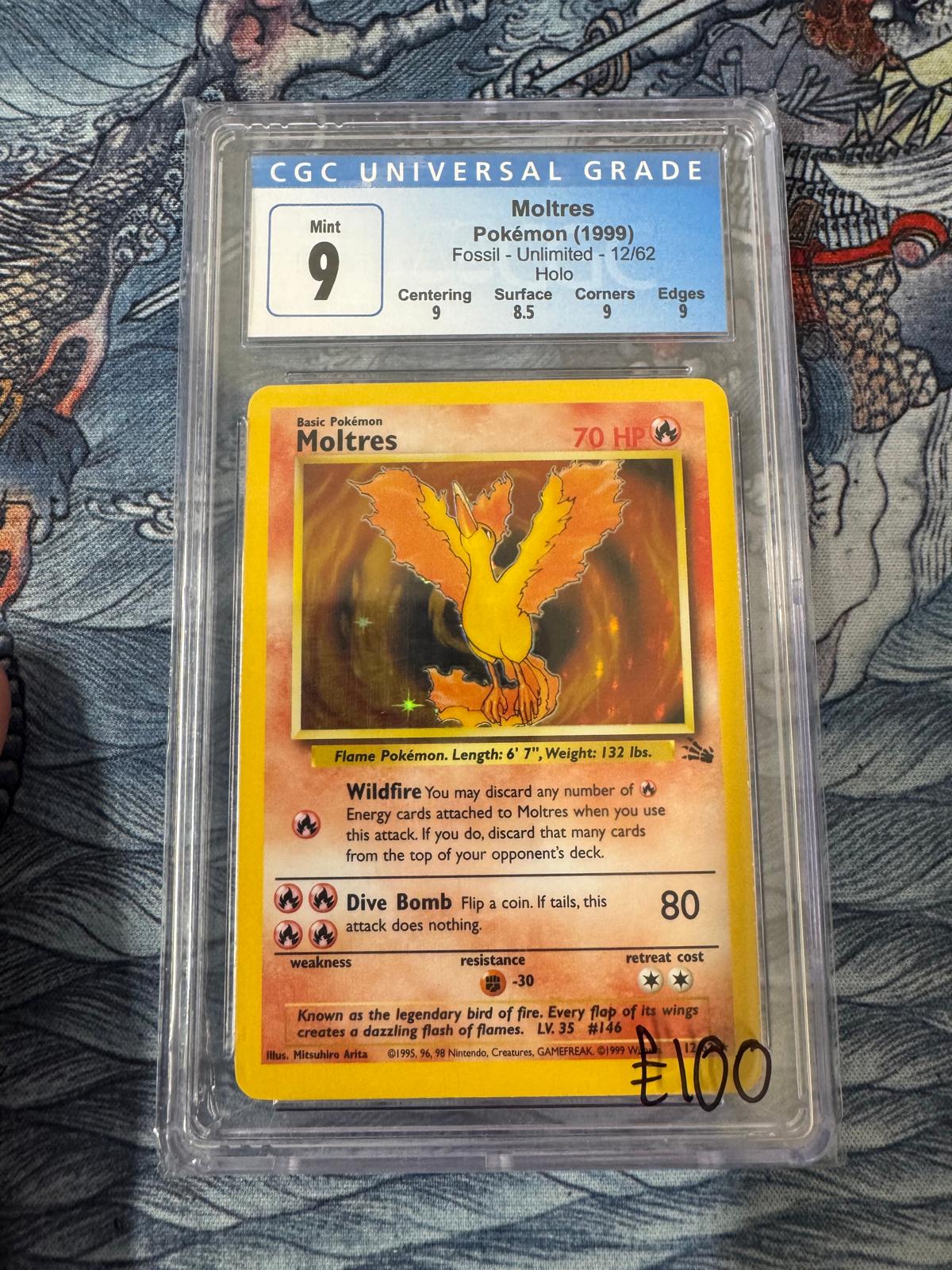 1999 Moltres Holo – CGC 9 Mint – Fossil Unlimited 12/62 – Vintage WOTC Pokémon Card