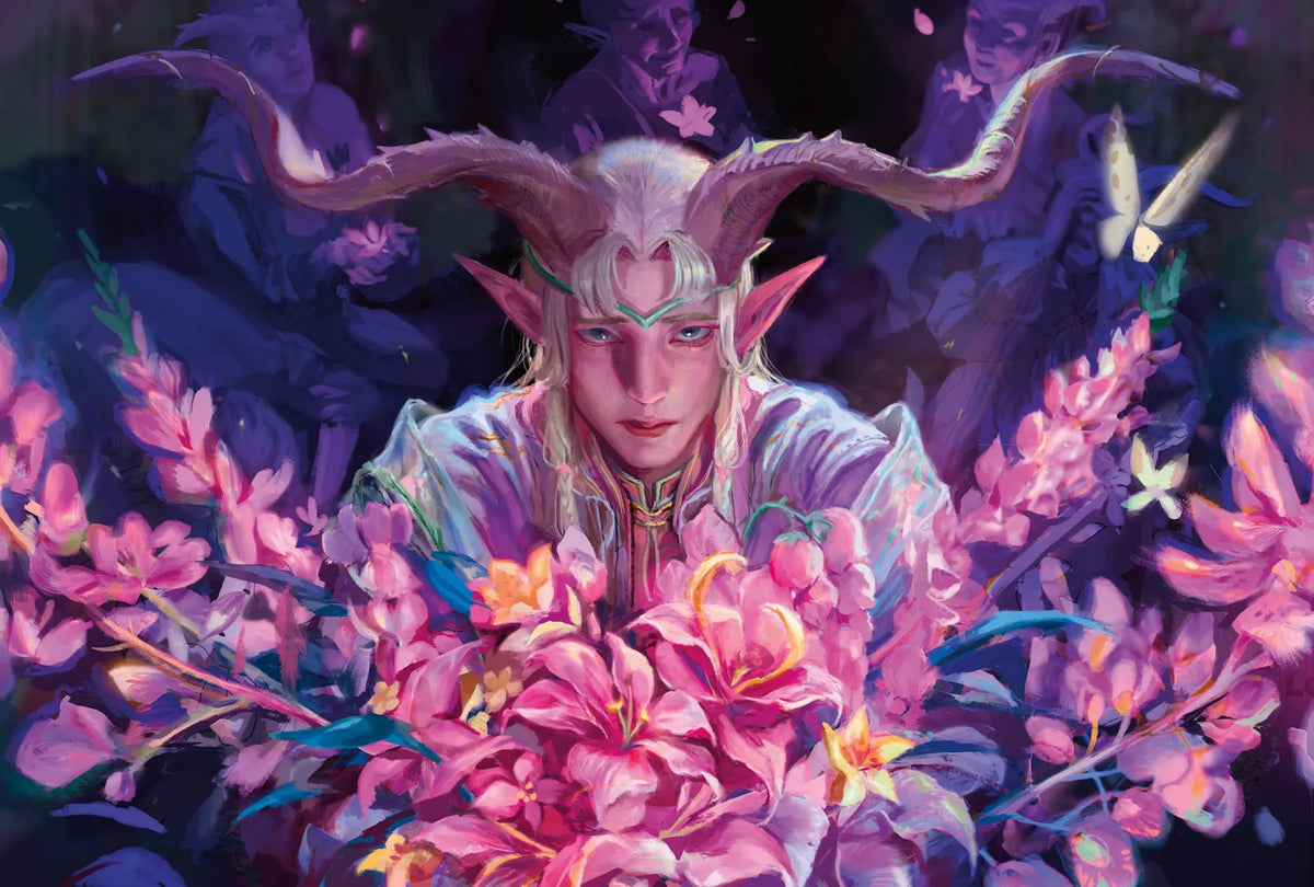 Fantasy character with large horns surrounded by pink flowers from Magic the Gatherings Lowryn Eclipsed set