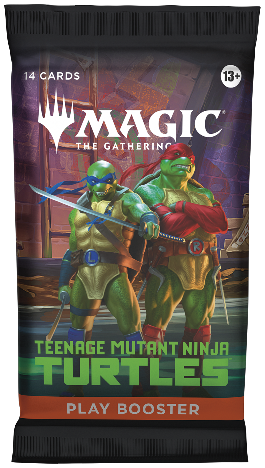 Trading card game booster pack featuring Teenage Mutant Ninja Turtles with 'Magic: The Gathering' branding.