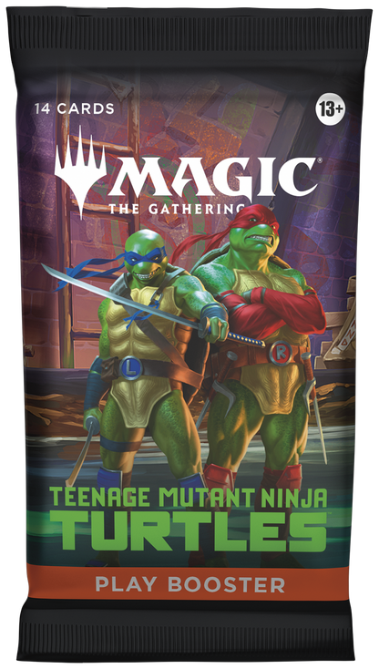 Trading card game booster pack featuring Teenage Mutant Ninja Turtles with 'Magic: The Gathering' branding.