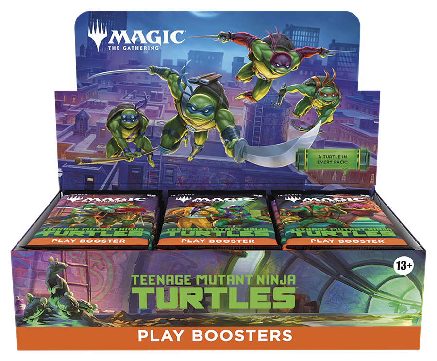 Display box of 'Magic: The Gathering' Teenage Mutant Ninja Turtles play boosters with turtles on a cityscape background.
