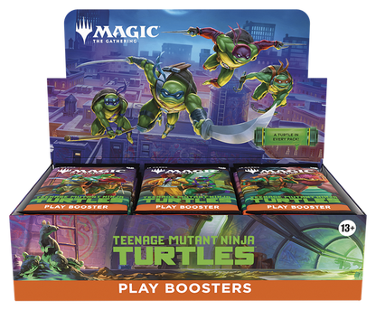 Display box of 'Magic: The Gathering' Teenage Mutant Ninja Turtles play boosters with turtles on a cityscape background.