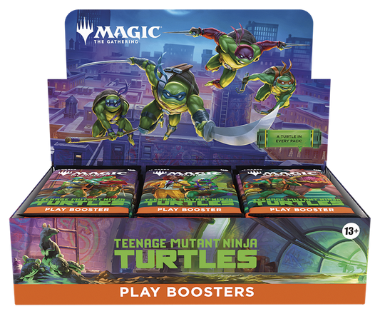Display box of 'Magic: The Gathering' Teenage Mutant Ninja Turtles play boosters with turtles on a cityscape background.