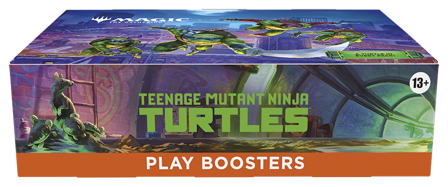 Box of Teenage Mutant Ninja Turtles play boosters with colorful graphics and branding.