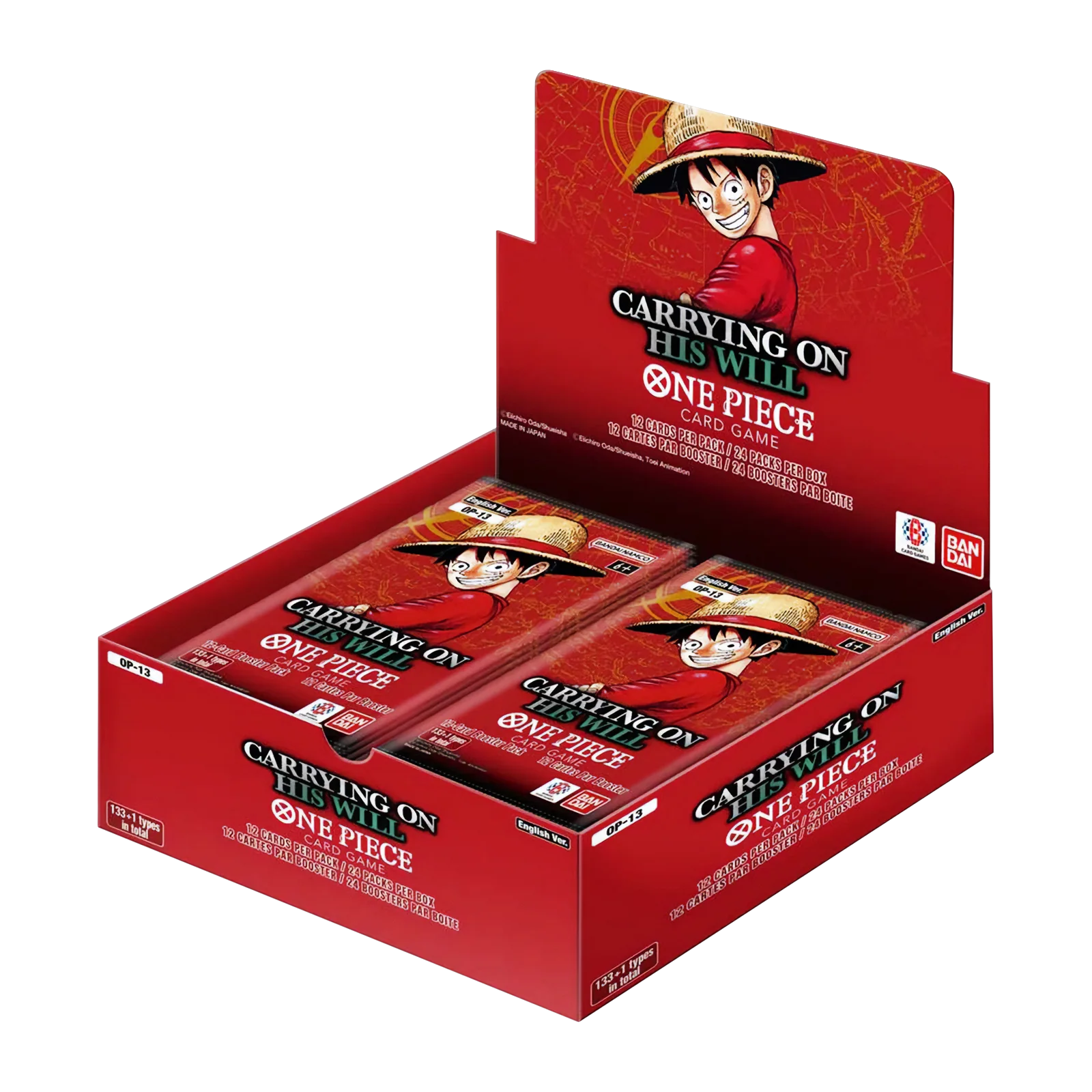 One piece op 13 booster box Red packaging of 'One Piece' card game with character illustration on a white background