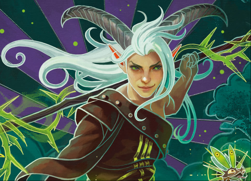 Secrets of strixahaven magic the gathering art featuring fantasy character with white hair and brown outfit in a mystical forest setting