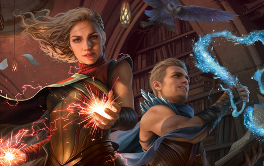 Two characters from 'Magic: The Gathering' with glowing effects and an owl in a library setting.