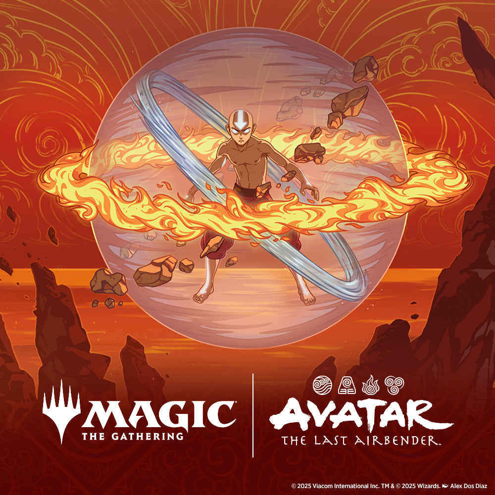 Illustration of a character holding a large ring with flames, featuring 'Magic: The Gathering' and 'Avatar: The Last Airbender' logos.