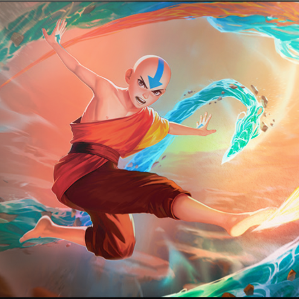 avatar aang mtg card zoomed in art where he is water and fire bending