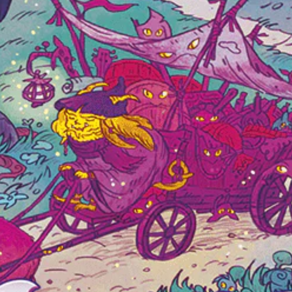 Lorwyn eclipsed art with a carriage full of creatures in bright colours