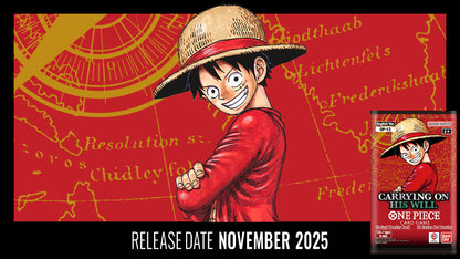 Promotional poster for 'One Piece' with a character in a straw hat and red shirt on a red background with text and graphics.